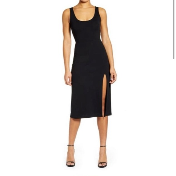 Leith Black Dress Midi Scoop Neck Side Slit - Picture 1 of 10